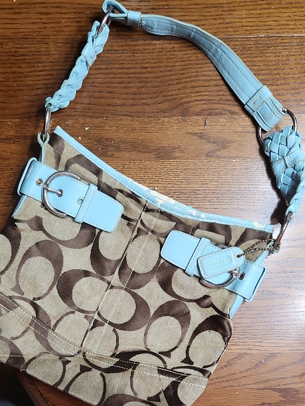 Coach Brown Signature Canvas Shoulder Bag with Light Blue Trim